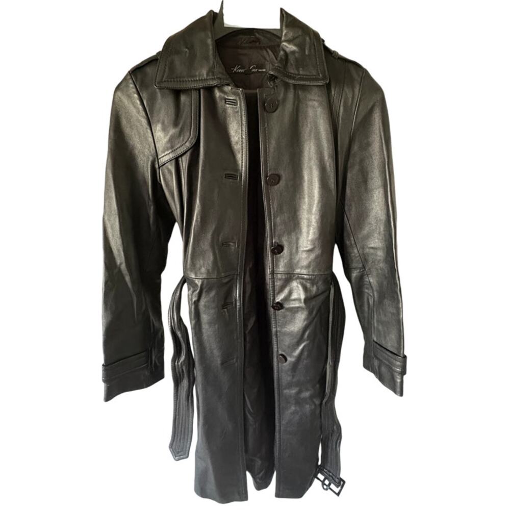 Kenneth Cole Black Leather Belted Trench Coat Button Womens sz Med Y2K Matrix
